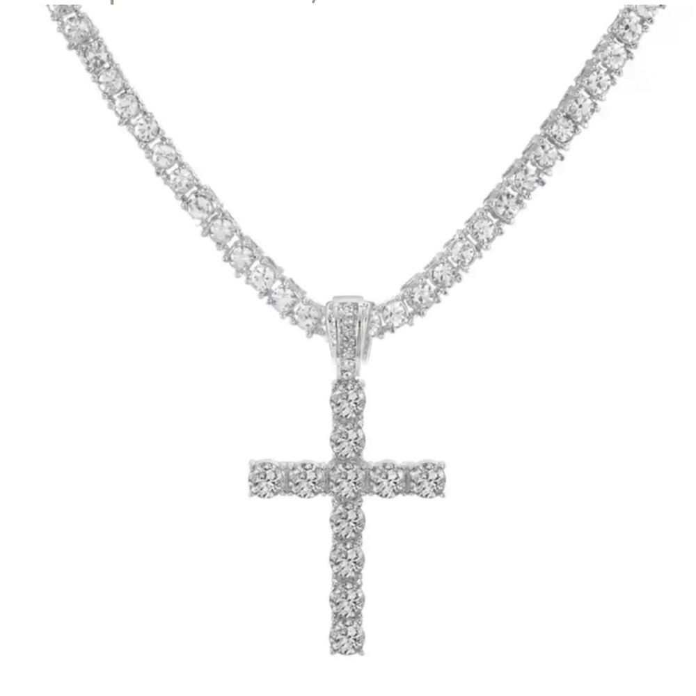 Silver Crystal Cross Pendant Necklace 20” long